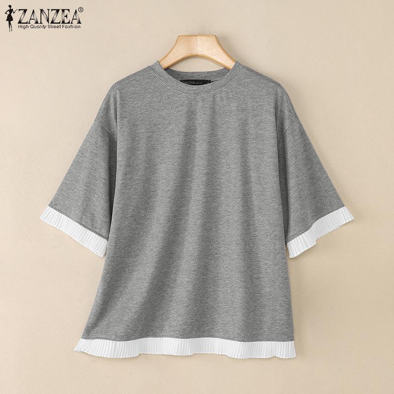 ZANZEA Women Round Neck Short Sleeve Ruffled Patchwork Solid Color Casual Blouse