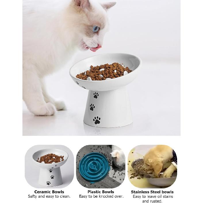 Y YHY Slow Feeder Cat Bowl, Ceramic Cat Slow Feeder Bowl, 6 Inches, Elevated, Anti Vomiting for Dry and Wet Food, White