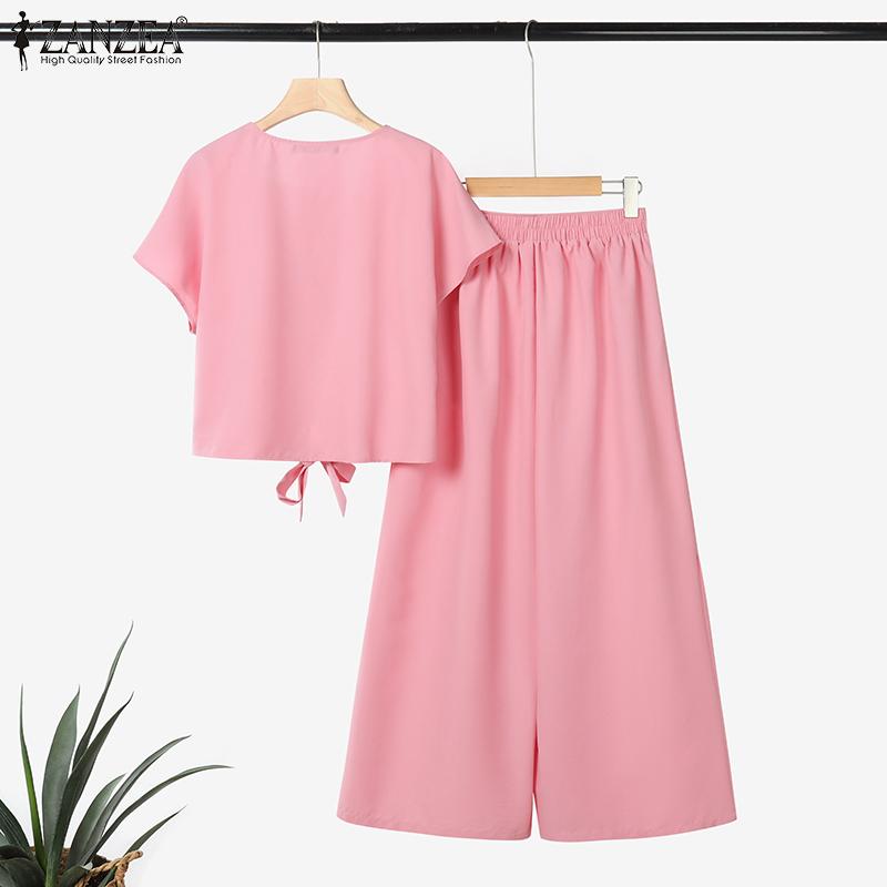 ZANZEA Women Short Sleeve Blouse and Wide Leg Pants Summer Two Piece Sets