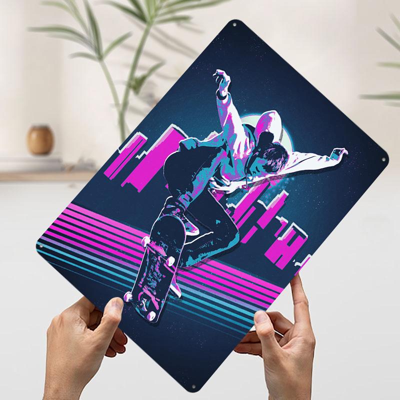 

Skateboarder in Retro Cityscape Tin Plaque Poster Customized Wall Art Retro Vintage Metal Signs for Man Cave Decoration Garage 7.9x11.8In(20x30cm)