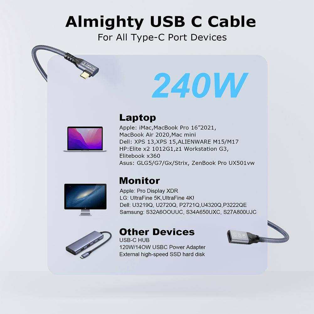 0.25/0.5/1/2M PD240W USB C To USB C Cable Male To Female Type C Fast Charging Extender Cord USB3.2 20Gbps Braided for Macbook PC