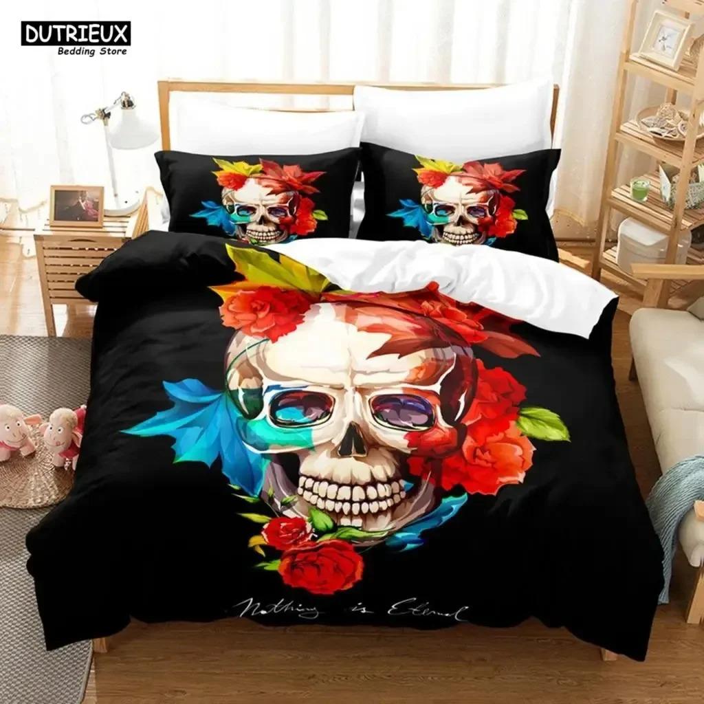 

Комплект постельного белья с изображением скелета и черепа, двуспальная кровать, двуспальная кровать, комплект постельного белья с наволочками и рисунком розы для взрослых и подростков EU Single 135x200cm
