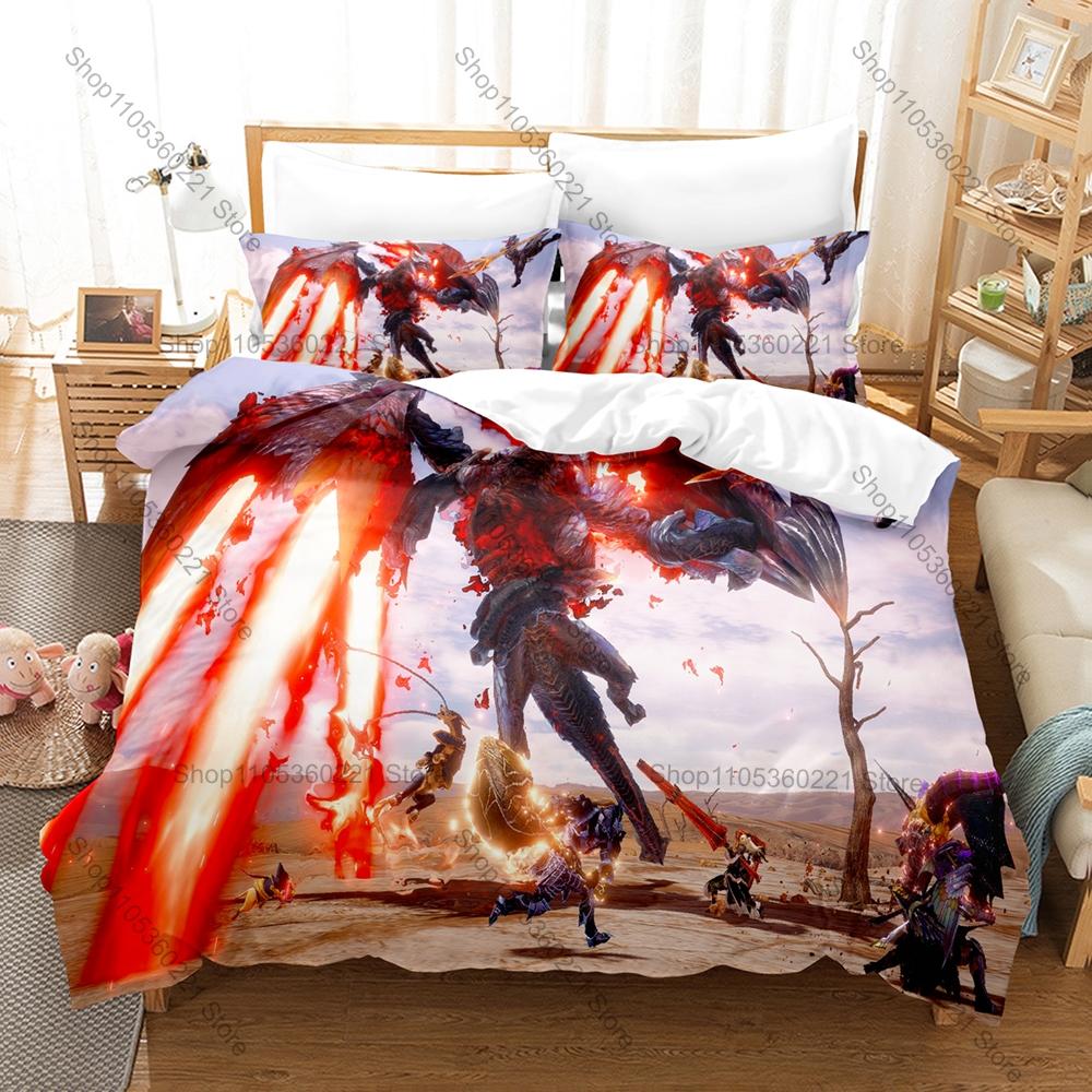 Monster Hunter Rise Merch 3-delat Sängkläder Påslakan Med 2 Örngott Tvättbar Dragkedja Spel Sängöverkast