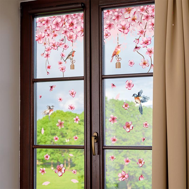 Pink Flowers Vine Birds Window Stickers Reusable Mural Double-Sided Wall Decals Home Decor Window Glass Static Sticker