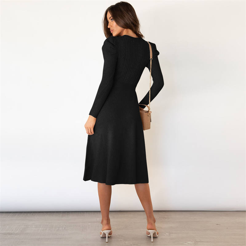 Knitted Dress Big Swing Dress Base Sweater Dress Slimming High Waist Bubble Long Sleeve Mid-Length