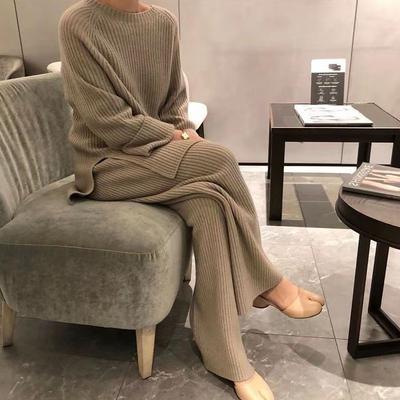 Costume tricoté vieillissant pour femmes, mode printemps et automne, style rétro, pull ample ouvert, pantalon large, grande taille