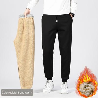 Calças masculinas de inverno, lã grossa, cordão, cintura elástica, bolsos de retenção de calor, cor sólida, quente, esportiva, viagem, trabalho, calças