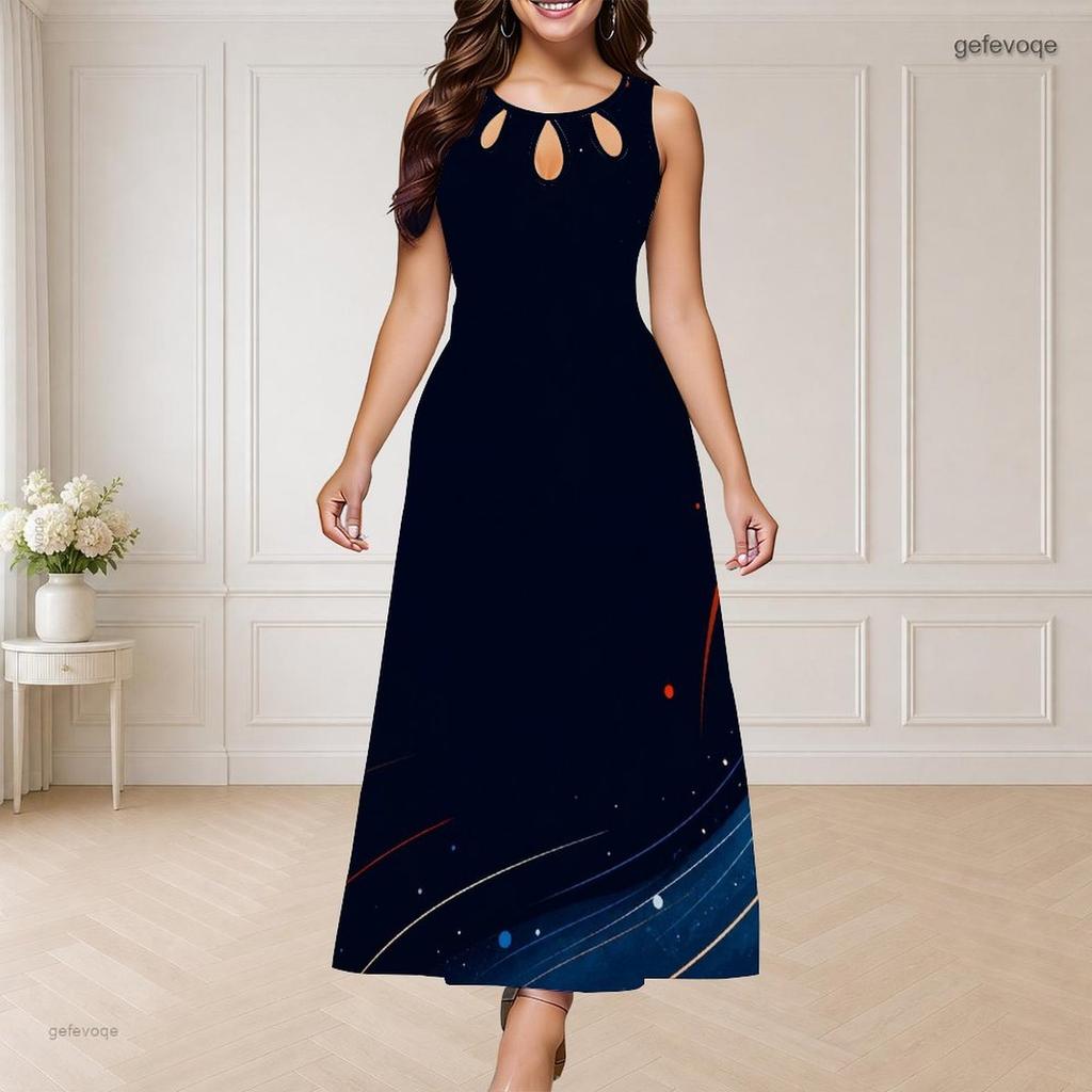 Women Plus Size Round Neck Triple Keyhole Cutout Sleeveless Printed Red Blue White Long Dress
