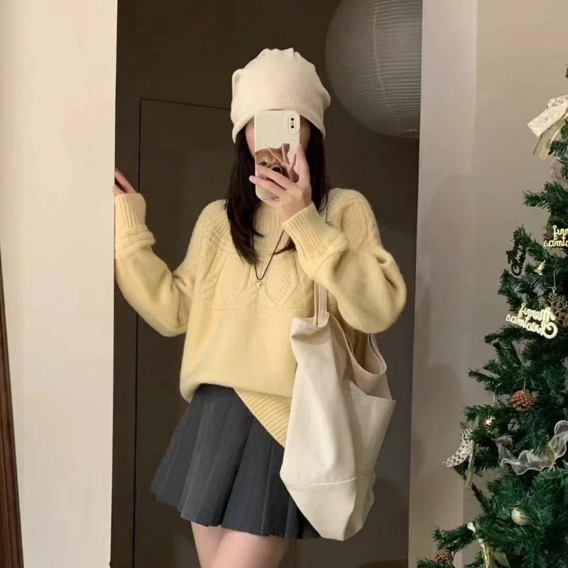 

Ретро-пуловеры с круглым вырезом, вязаный свитер для женщин, осень и зима, новые свободные повседневные женские свитера, топы, элегантный однотонный простой женский джемпер 25641 One Size жёлтый