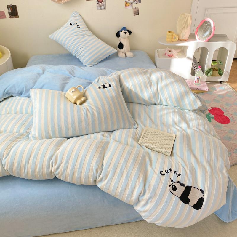 Small Fresh Skin-friendly and Comfortable Cartoon Wind Milk Fleece Striped Sticker Embroidery Four-piece Set