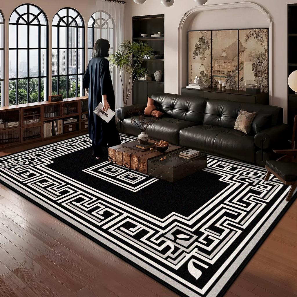 Chinese Style Border Design Carpet Large Area Living Room Antiskid Decoration Rugs Black Bedroom Washable Foot Mat Customizable