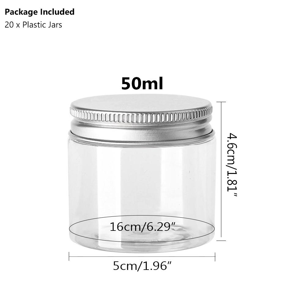 20x Butelka na kosmetyki do makijażu Małe pojemniki na żywność Aluminiowe słoiki Plastikowe pojemniki na garnki Przyprawy Domowe przezroczyste zioła Słodycze 30 ml-150 ml Przechowywanie kawy z pokrywkami