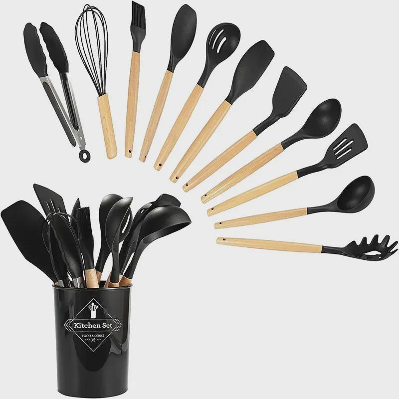 12dílná sada silikonového kuchyňského náčiní s dřevěnými rukojeťmi – nepřilnavé, vysokoteplotní špachtle a polévkové lžíce