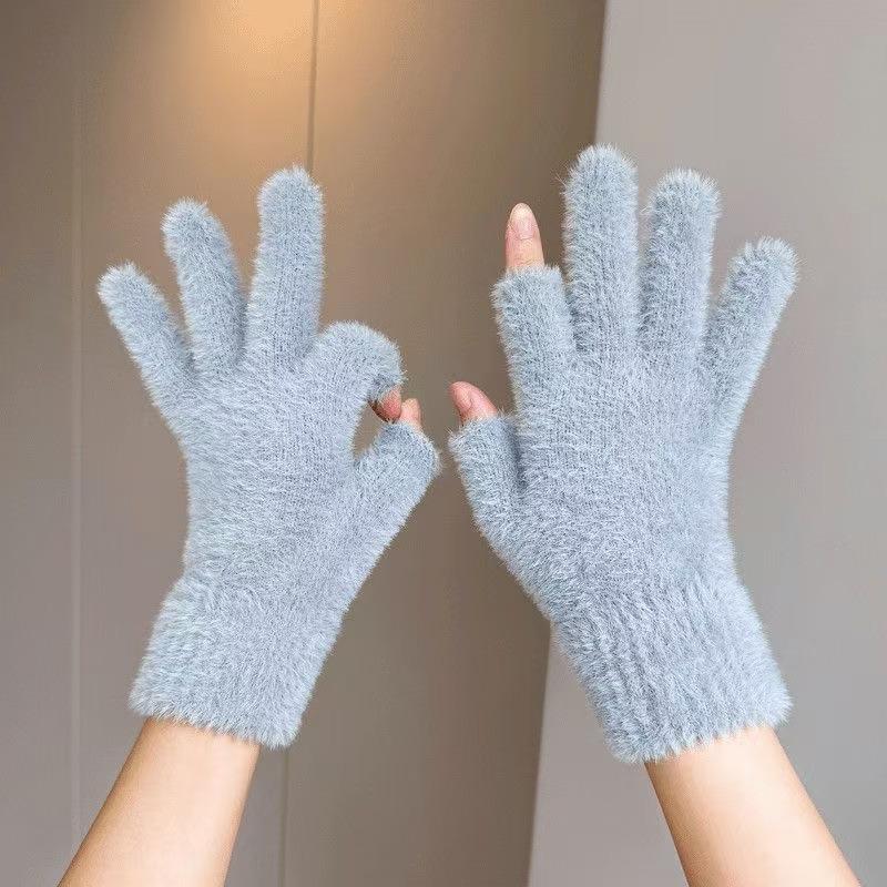 Gloves, Winter Dew Two Fingers To Keep Warm, Fleece Half Fingers, Cute Plush, Cold-proof and Leak-proof Fingers, Students Riding Bicycles