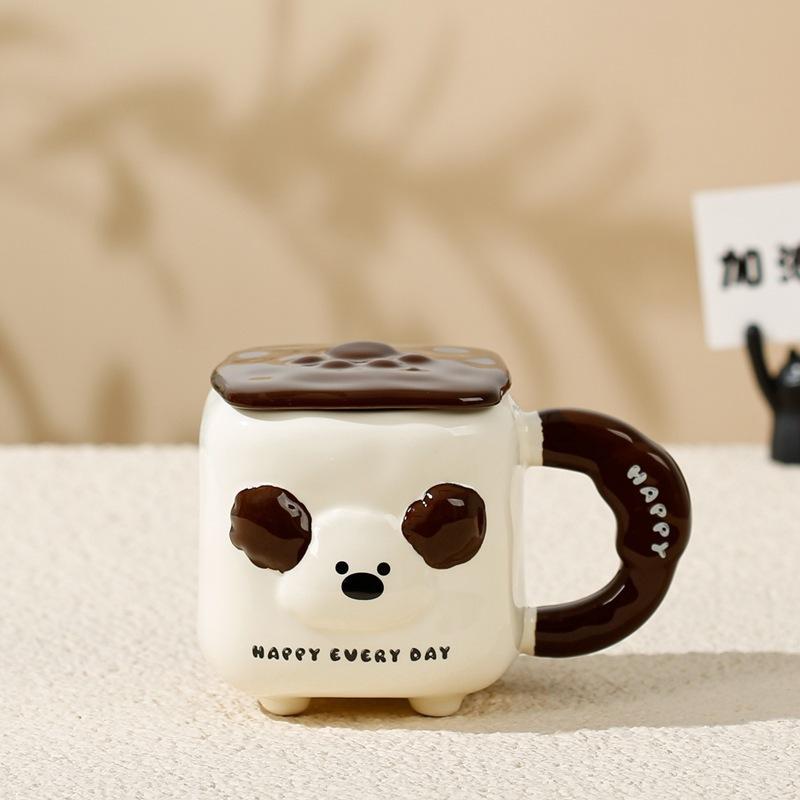 Cute Puppy with Lid Water Cup Large Capacity Cartoon Dog Ceramic Cup Household High Value Mug Souvenir