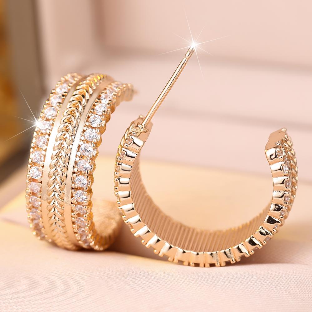 Gold Tone Wheat Pattern Hoop Earrings Full Zircon Statement Jewelry Gift for Women Party