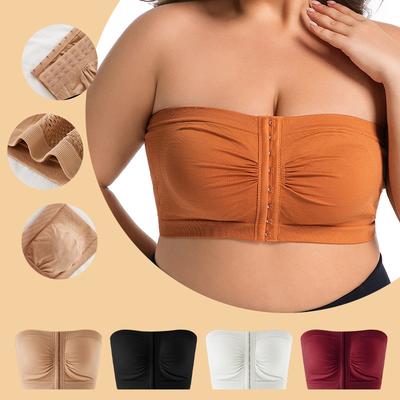 Women's Plus Size Strapless Bandeau Bra 2 Pack Front Buckle Chest Support Breathable Thin Seamless Back Smoothing Tube Top Underwear
