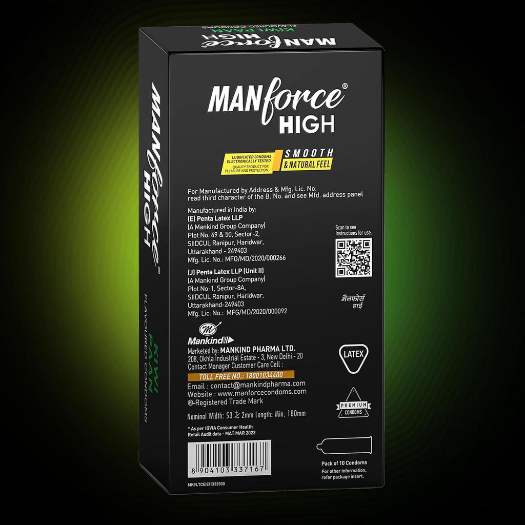Manforce High Kiwi Paan Flavoured Condoms for Men | 10 Pcs | Ultra Thin Condom | Lubricated Latex Condoms | India’s No. 1* Condom Brand for Safe Sex