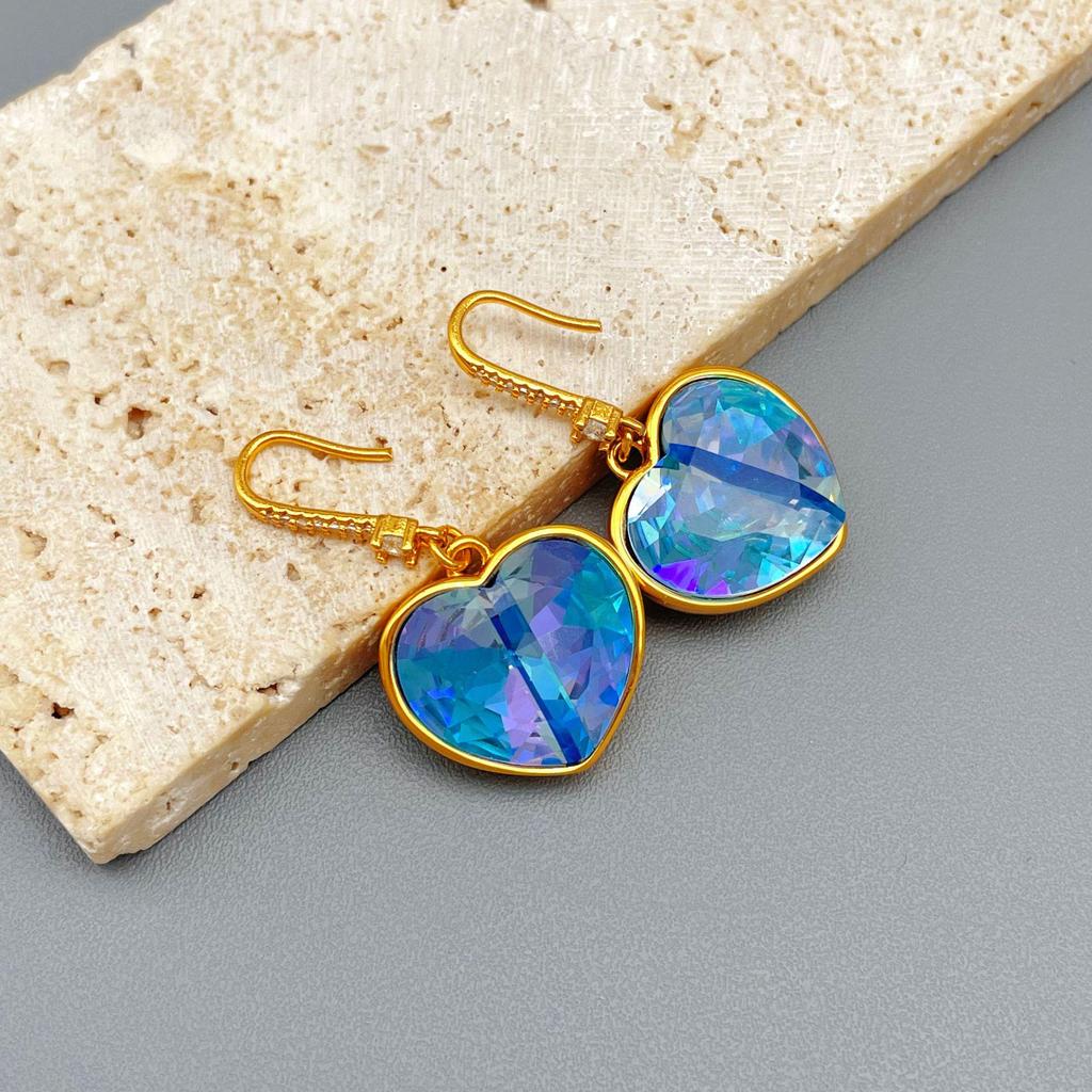 Ocean Blue Heart Crystal Earrings with Inlaid Diamonds & Luxury Ear Hooks