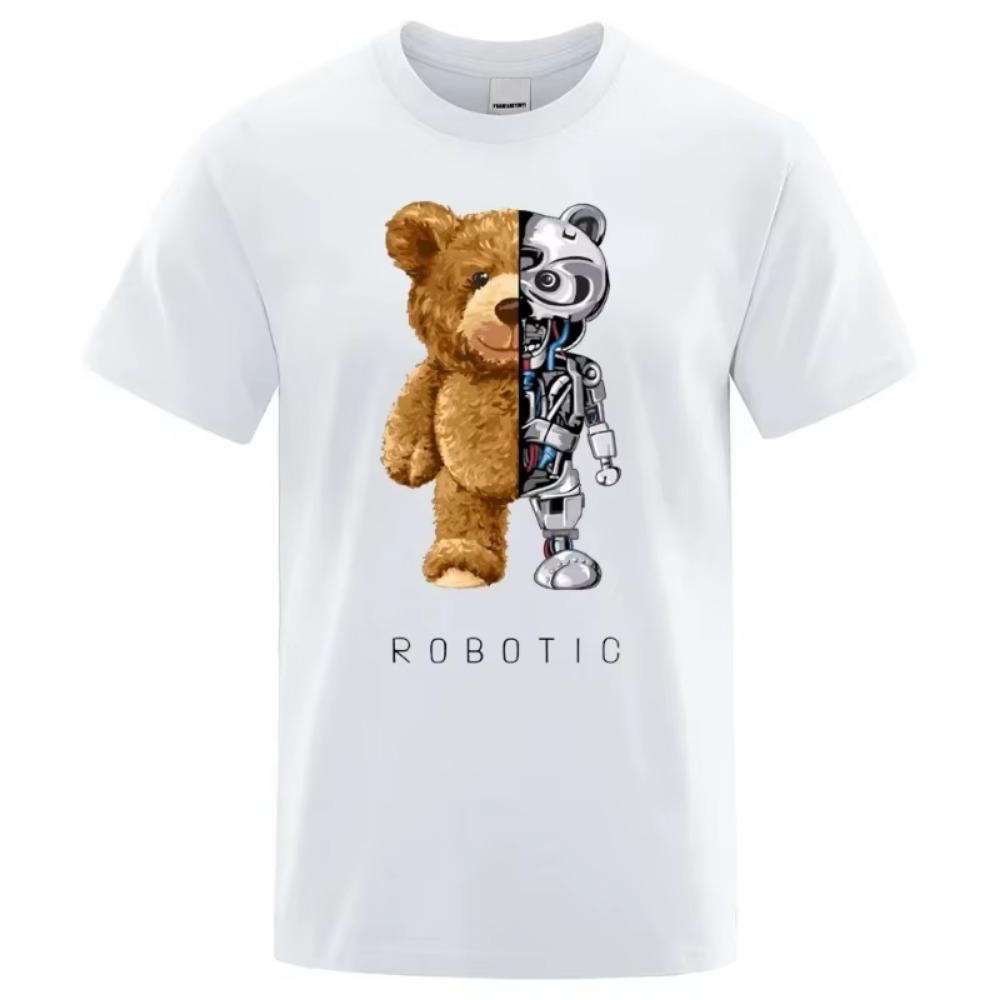 Funny Teddy Bear Robot Graphic Print Tshirt Men Short Sleeve Fashion Casual Clothes Summer Cotton Tees Oversized Street T-Shirts