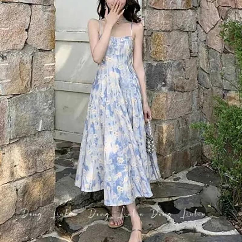 Dámské francouzské květinové modré letní šaty na špagetová ramínka: Elegantní styl Long Beach