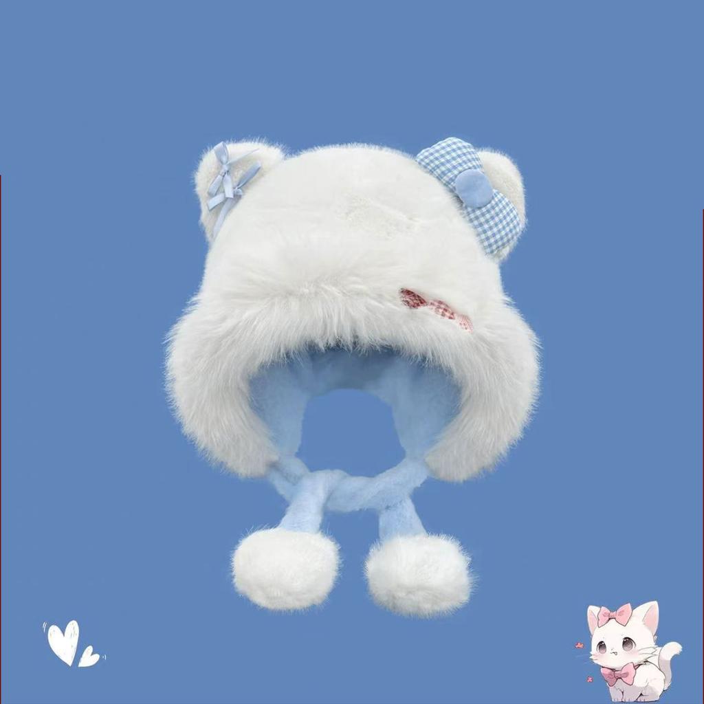 Cute Cat Ears Bow Plush Hat Women's Autumn and Winter Sweet Thickened Warm Cold Ear Protection Plush Lei Feng Hat