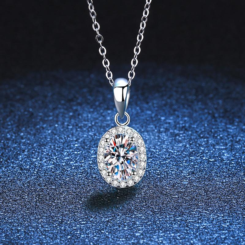 Moissanite Pendant Necklace: Sterling Silver s925, White Gold Plated, Pigeon Egg Shape, D Color, Simple Design for Women.