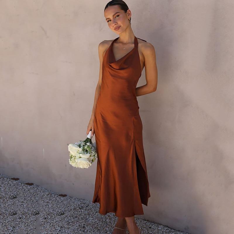 Vestido L9WEI Con Volantes Hasta La Rodilla - Cuello Halter Sin Espalda, Marrón, Elástico, Casual Y Sexy