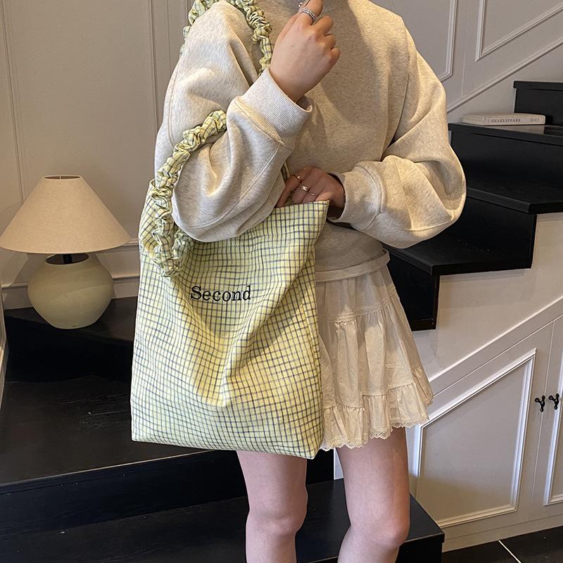 Plátěná dámská nová módní všestranná kostkovaná velkokapacitní taška přes rameno