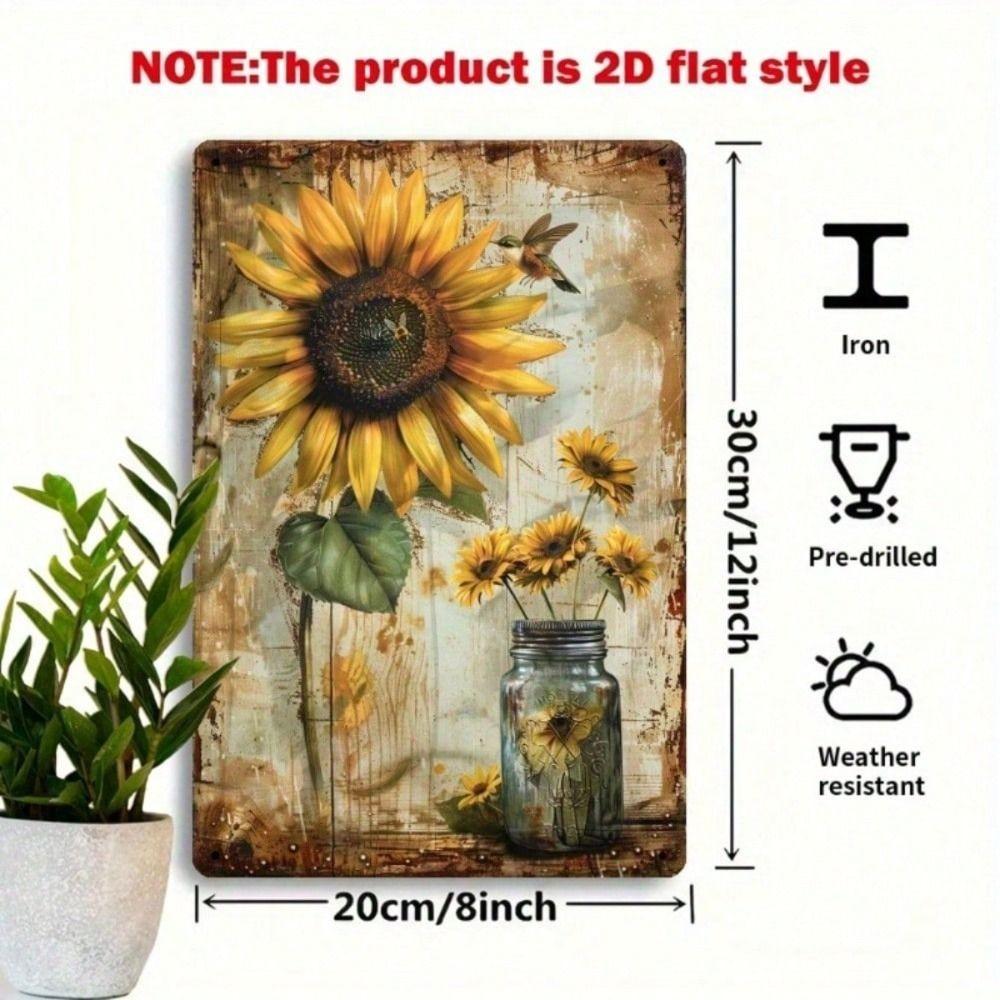 Tin Sign Sunflower Hummingbird Mason Jar Rustic Wall Art for Living Room