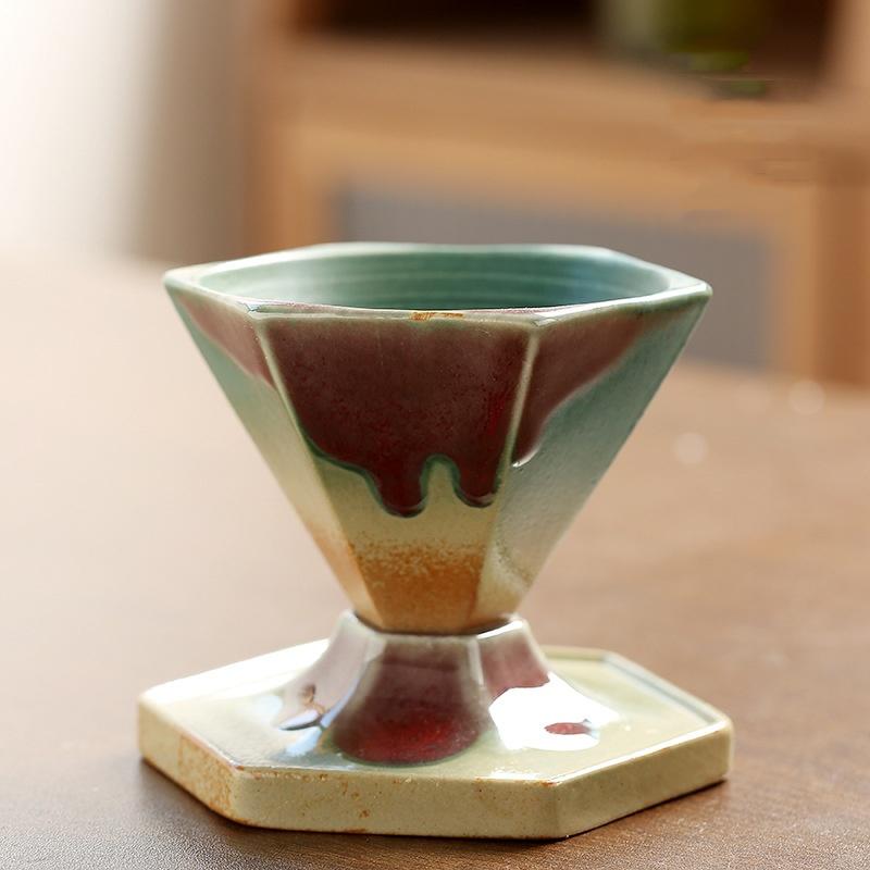 Coarse Pottery Coffee Mug with Base 160ml Rough Pottery Hexagonal Cone Shaped Tea Cup Nordic Retro Coffee Porcelain Cup  200ml