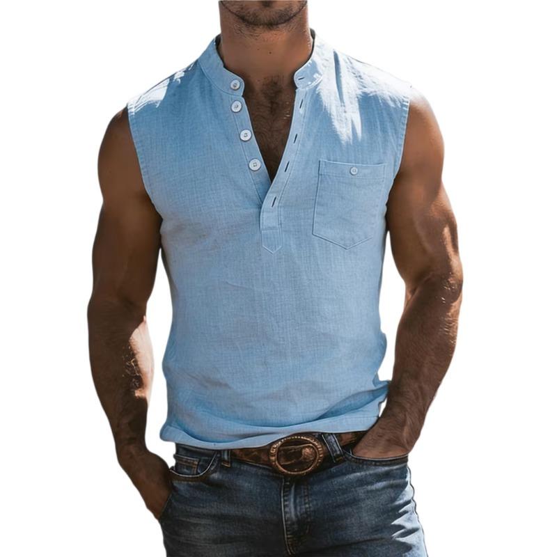 Ärmelloses Henley-Hemd für Herren aus Leinenmischung mit Brusttasche, Mehrfarbig, Lässiges Sommer-Tanktop