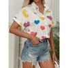 Women's Casual Short-Sleeve Heart Print Shirt with Lapels, Adult Heart Pattern Top, Spring-Summer-Autumn Collection