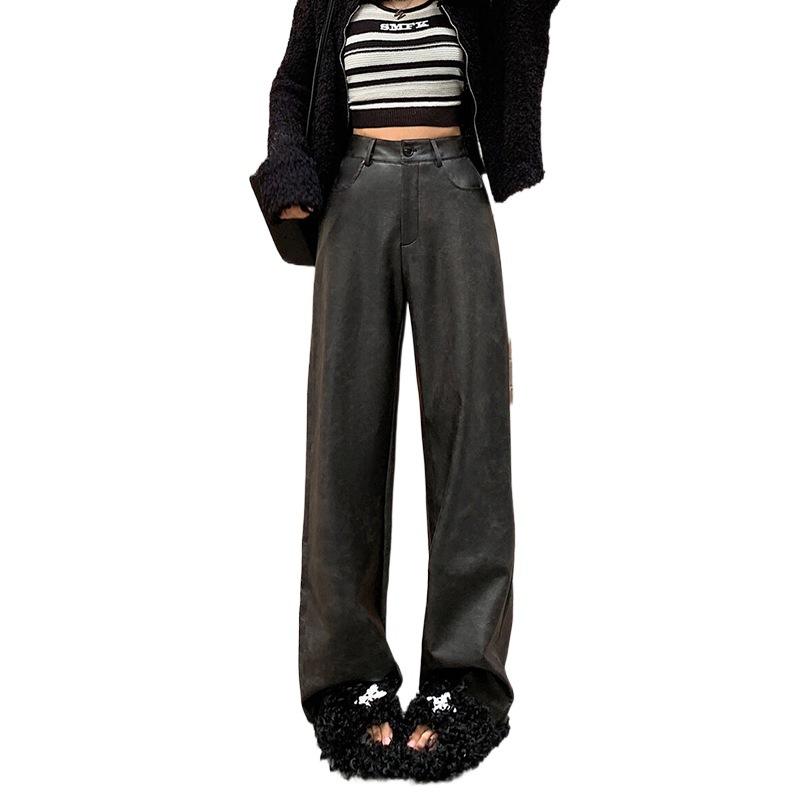 Leather Pants Women's New Coffee-colored Straight and Thin Casual Leather Pants Leather Personalized Loose Wide-leg Pants Children's Autumn and Winter