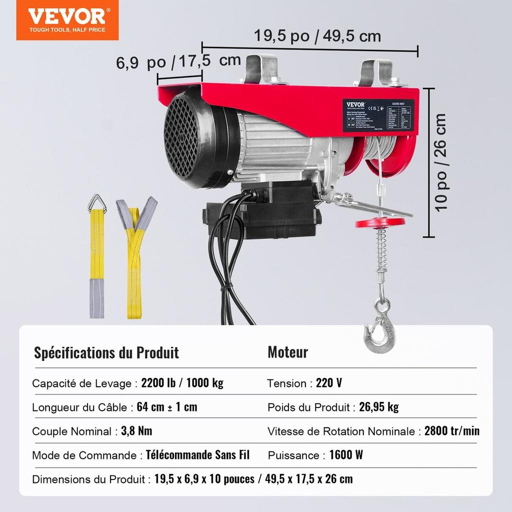 Wciągnik Elektryczny, Udźwig 2200 funtów (ok. 1000 kg), 1600W 220V Elektryczna Wyciągarka Stalowa z Bezprzewodowym Pilotem, Wysokość Podnoszenia 40 stóp (ok. 12 m) na Pojedynczej Lince & Czysty