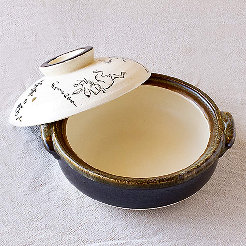 Saji Pottery Banko Ware Clay Pot, Size 6, Choju-giga (Scrolls of Frolicking Animals) Design, Made in Japan, 24-801, White, 900ml