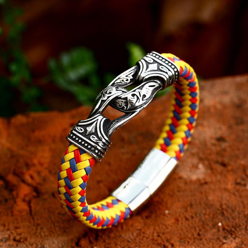 

Beier Vintage Vikings Leather Bracelet Men Stainless Steel Norse Runes Valknut Bangle Jewelry 18cm