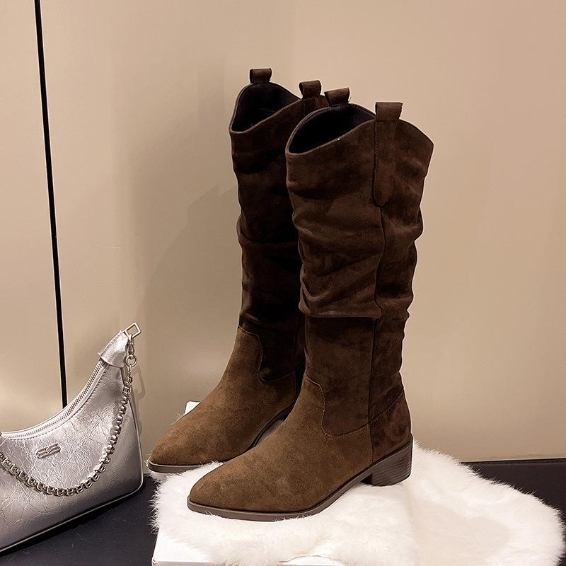 Vintage Wildleder Maillard Stiefel Damen Herbst und Winter Dicker Absatz Spitze Plissiert Flor Stiefel Western Cowboy Stiefel Kurz