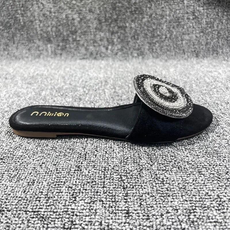 

Женские сандалии на плоской подошве, очаровательные пляжные сандалии со стразами, летние уличные тапочки, гламурная повседневная женская обувь 42 чёрный