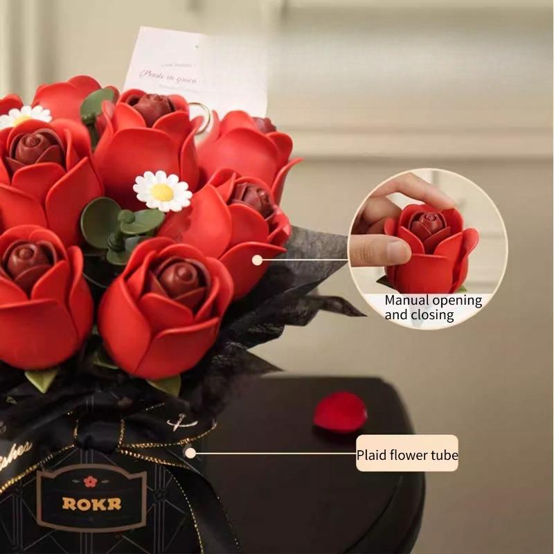 Rose Hug Bucket Bouquet 3D Assembly Handmade Diy Eternal Building Blocks Flower 3D Ornament Valentine'S Day Gift