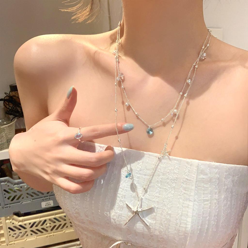 Blue Zircon Starfish Layered Necklace for Women, Summer Seaside Long Clavicle Chain Fashion Beach Jewelry