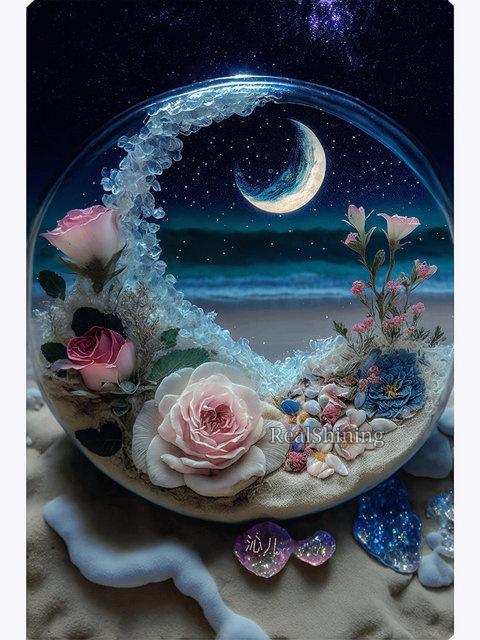 Full Fantasy Romance Boat Diamond Painting Kits Beach Moon Scenery Dolphin Diy Diamond Embroidery Mosaic Cross Stitch Flower