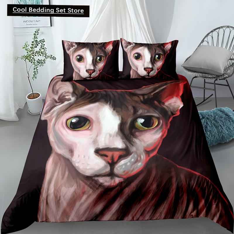 Sphynx Cat King Queen Duvet Cover Lovely Pet Kitty Bedding Set for Kids Teens Adults Animal Grey 2/3pcs Polyester Quilt Cover