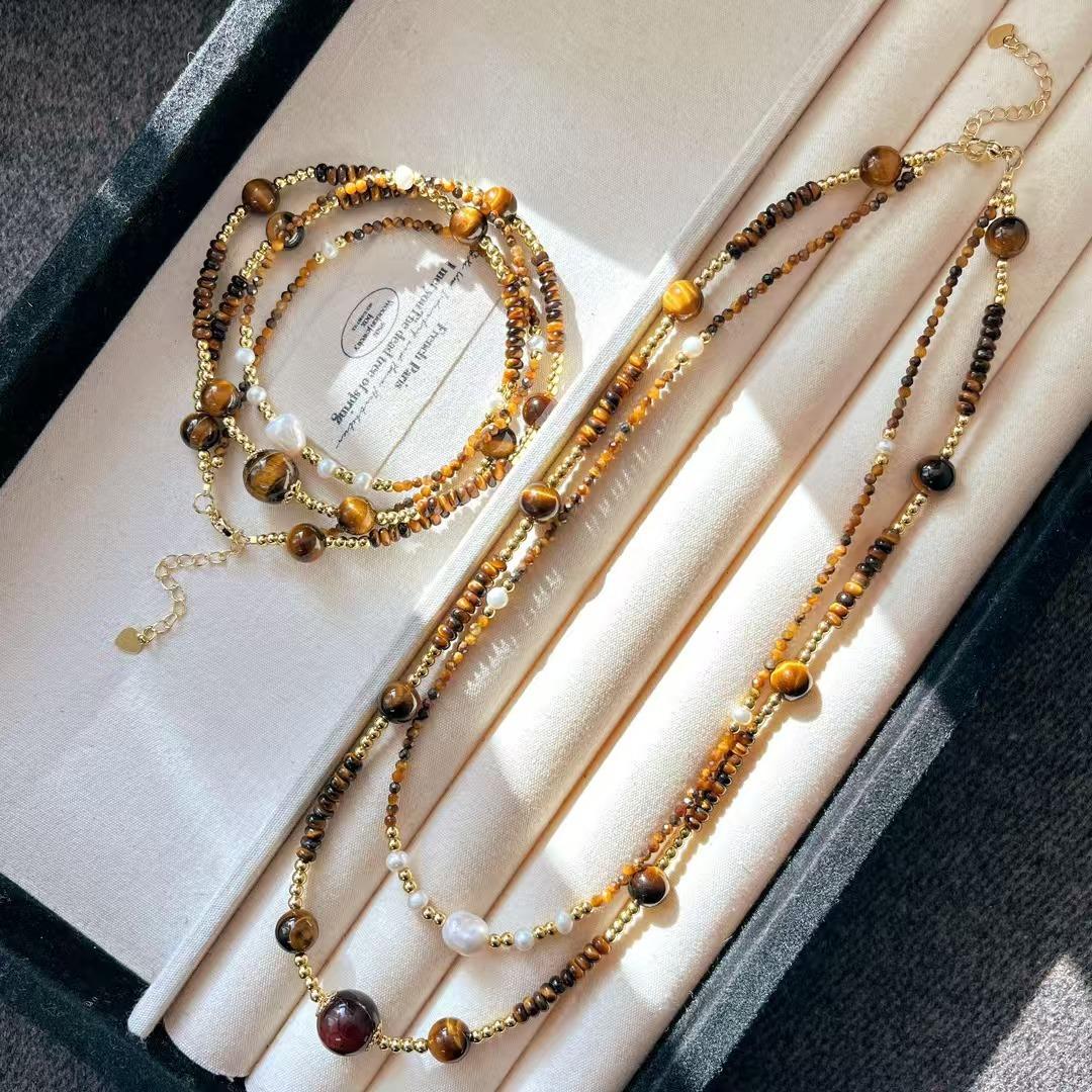 High Matching Retro Natural Tiger S Eye Stone Maillard Style Double-Layer Design Sense Collarbone Chain Necklace
