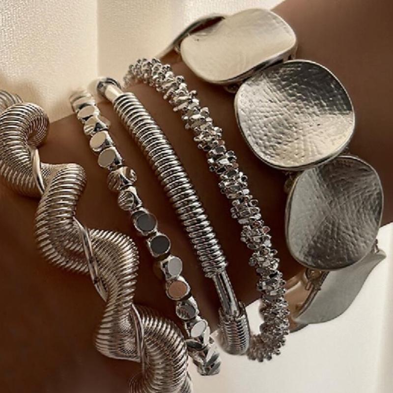 

5pcs Stylish Versatile Irregular Geometric Wave Bracelet Set for Women Vintage Exaggerated Design Beads Bangles Jewelry Gift New