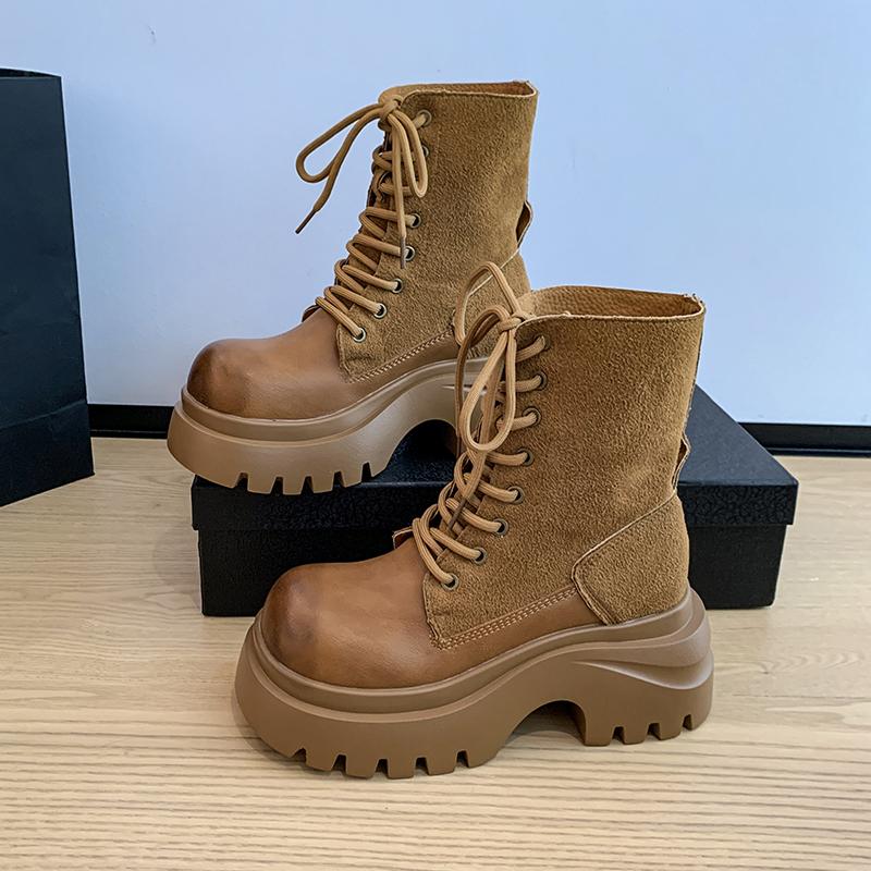 Fashion Aphixta Classical 7cm High Chunky Heel Women's Ankle Boots Cross-tied Leather Women's Autumn Boots Korean Style Platform Boots