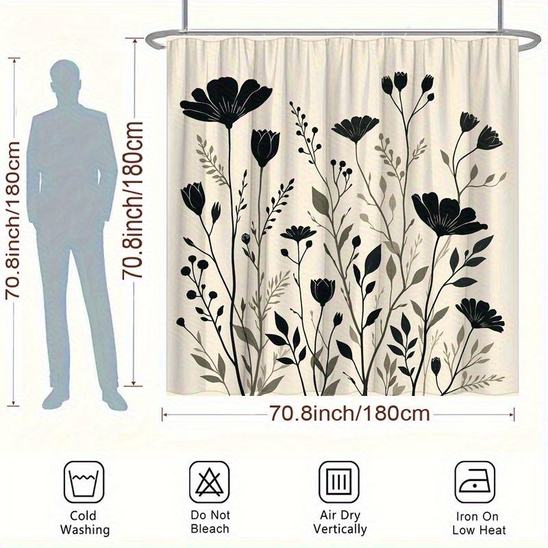 Elegant Black Floral & Leaf Shower Curtain , Polyester with Liner, Machine Washable Bathroom Decor