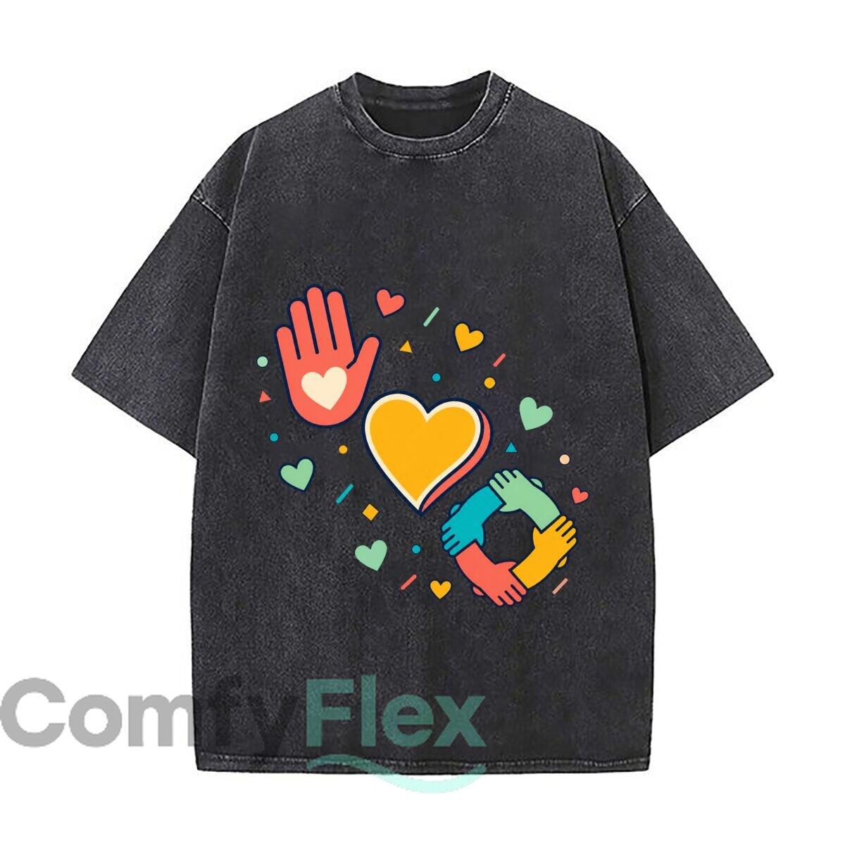 Colorful Peace Love Solidarity Symbo Loose Solid Distressed T Shirt American Casual Crew Neck Top S