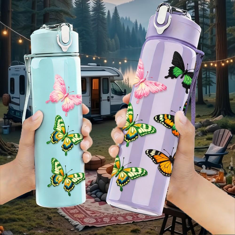 1PC Multiple Colorful Butterflies Group Print 750ml Color Plastic Sports Water Bottle Leakproof Flip Straw Lid Suitable for Sports Office Home Use