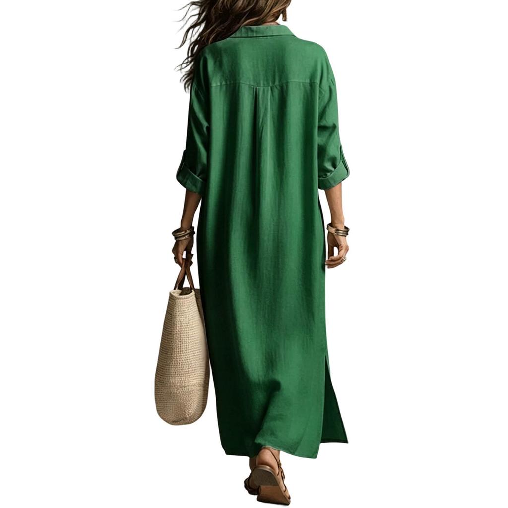 Women’s Long Sleeve Shirt Dress Linen Cotton Collared Maxi Dress Loose Fit Spring Summer Casual Style
